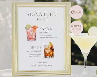 Signature Cocktail Sign, Bar Menu, His and Hers, Editable Canva Template, Digital Printable Download