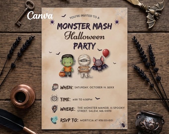 Spooky Halloween Party Invitation, October Celebration Card, Editable Canva Template