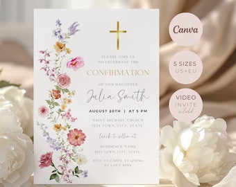Può includere: Invito di Cresima con decorazioni floreali. L'invito presenta una croce dorata, il testo "Cresima di nostra figlia Julia Smith" e i dettagli dell'evento. Include Canva, 5 formati US+EU e invito video.