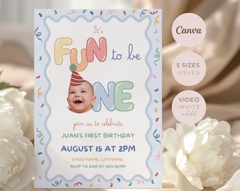 Fun To Be One, 1e verjaardag foto-uitnodiging, bewerkbare canva-sjabloon, digitale download