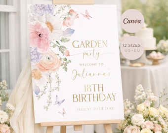Wildflower Garden Party Welcome Sign, Birthday Poster, Editable Canva Template, Printable Download