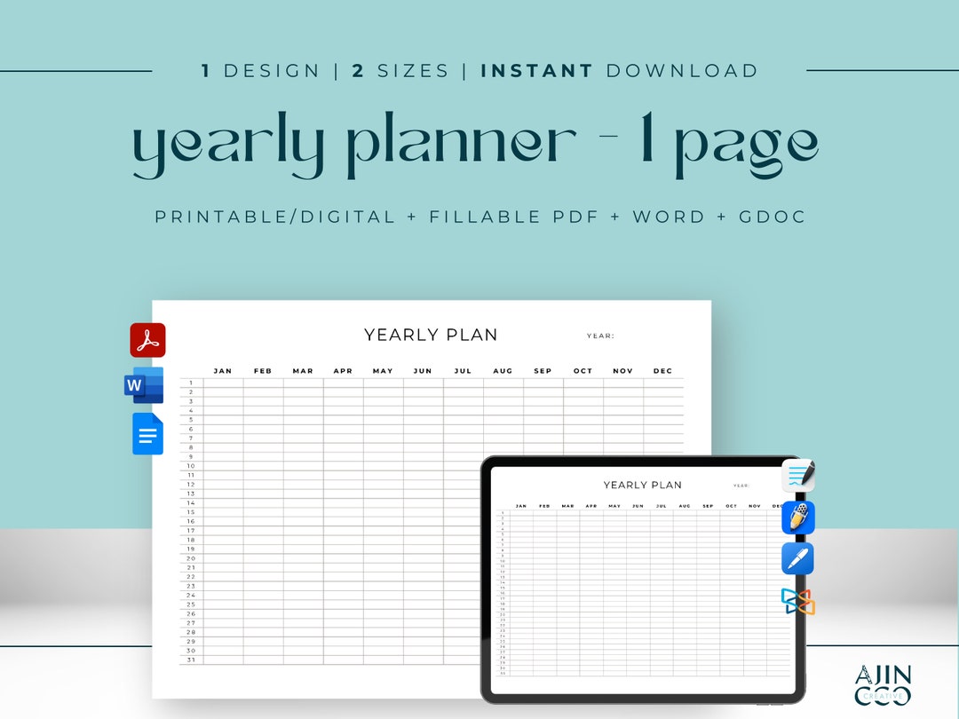 Yearly Planner Printable , Yearly Planner Landscape, Year at a Glance ...