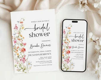Wildflower Bridal Shower Invitation: Elegant Floral Template (Canva, Digital Download)