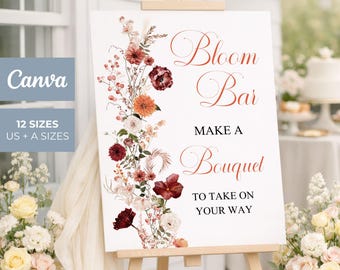 Fall Bloom Bar Sign, Autumn Flower Station Editable Canva Template, Printable Download