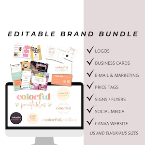Kit di branding pastello colorato, kit di branding Canva modificabile, bundle di branding aziendale moderno, logo personalizzabile e modelli di marketing