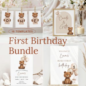 May include: A collection of first birthday party decorations featuring a teddy bear theme. Includes signs, invitations, and banners with the text "First Birthday Bundle", "Cards & Gifts", and "Welcome to Liam's Bear-y First Birthday".