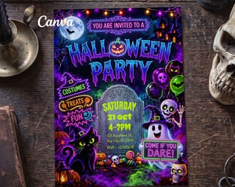 Spooky Halloween Party Invitation, Kids Celebration Card, Editable Canva Template
