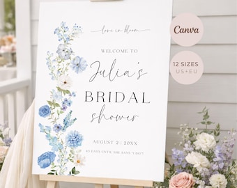 Blue Floral Bridal Shower Welcome Sign, Editable Canva Template, Digital Printable Download
