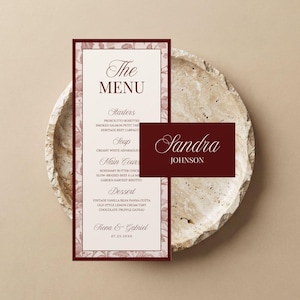 Plantilla de menú Old Money, juego de menú y tarjetas de mesa color granate, diseño editable para Canva