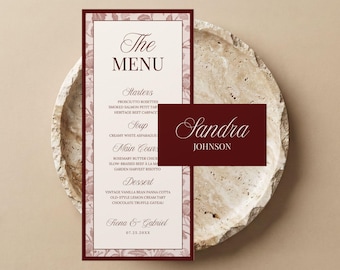 Old Money Menu Template, Maroon Menu and Place Card Set, Editable Canva Design