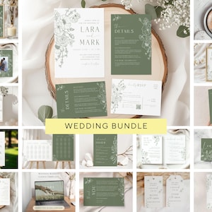Pode incluir: Uma coleção de papelaria de casamento em tons de verde e branco, incluindo convites, cartões RSVP e cartões de mesa. Designs florais e os nomes "Lara & Mark" são apresentados em várias peças. A frase "Wedding Bundle" também é visível.