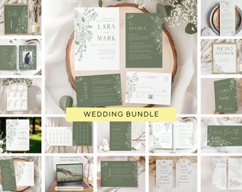 May include: A collection of wedding stationery in shades of green and white, including invitations, RSVP cards, and table cards. Floral designs and the names "Lara & Mark" are featured on several pieces. The words "Wedding Bundle" are also visible.
