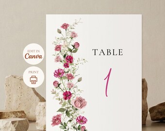 Magenta Wildflower Table Numbers, Wedding Reception Decor, Editable Canva Template, Digital Printable Download