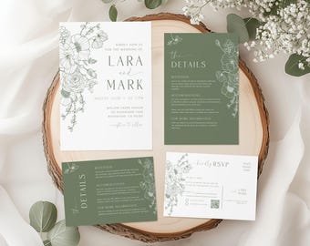 Sage Green Wedding Invitation Set: Minimalist Botanical Canva Template (Digital Download)