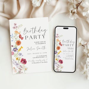Convite de aniversário com flores silvestres, convite para festa no jardim com flores, modelo de aniversário editável, cartão de aniversário boho para ela, convite para impressão