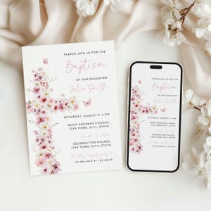 Plantilla de invitación floral para bautizo, invitación para bautizo de niña, tarjeta rosa para bautizo, Canva editable, imprimible o digital