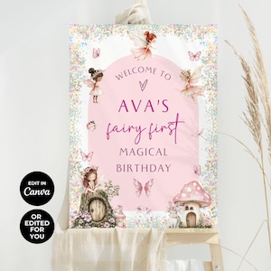 Editable Fairy Birthday Welcome Sign, Fairy Garden Sign, Enchanted Forest Birthday, Girl Pink Canva Template, Printable