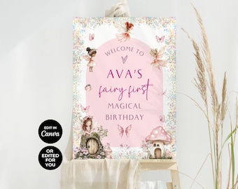 Fee Geburtstag Willkommensschild: Rosa Glitzer, Canva Template (Printable)