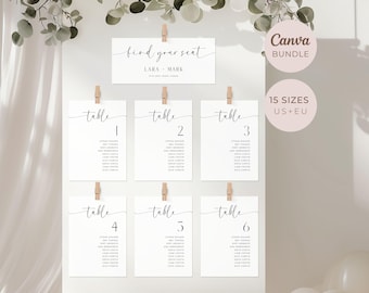 Mapa de assentos e números de mesa minimalistas para casamento, modelo editável no Canva, download digital para impressão.