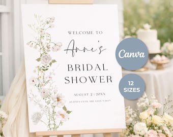 White Floral Bridal Shower Welcome Sign, Editable Canva Template, Printable Download