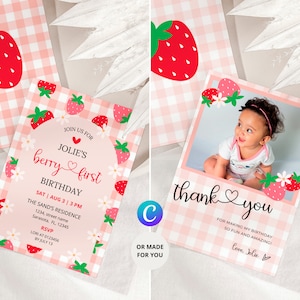 Faire-part premier anniversaire baies, carte de remerciement, invitation sur le thème fraise et photo de remerciement, premier anniversaire rose, ensemble imprimable modifiable