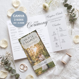 May include: A wedding program template featuring a photo of a couple in a forest, with text reading Olivia & Marcus, January 18, 20XX, The Ceremony, and Reception Details. Includes a timeline of events, a Canva logo, and two gold wedding rings.
