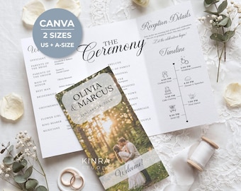 Trifold Ceremony Program, Wedding Brochure, Editable Canva Template