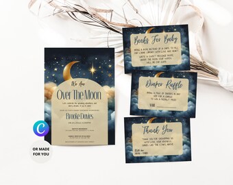 May include: A baby shower invitation with a blue and gold moon and stars design. The text reads "We Are Over The Moon" and includes the date and time of the event. There are also three cards for a book request, diaper raffle, and thank you.