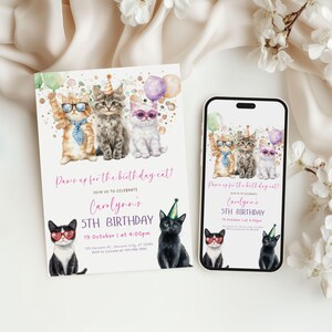 May include: A birthday invitation and a smartphone show a watercolour illustration of four cats wearing party hats and sunglasses, holding balloons. The invitation reads "Paws up for the birthday cat!" and includes party details.
