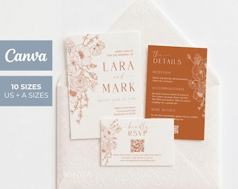 Fall Wedding Invitation Set, Minimalist Autumn Editable Canva Template, Printable Bundle