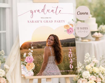 Pink Floral Graduation Welcome Sign with Photo, Editable Canva Template, Digital Printable Download