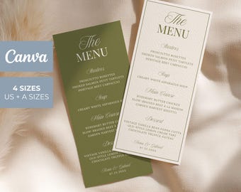 Sage Green Wedding Menu Template, Editable Canva Dinner Card, Printable Download