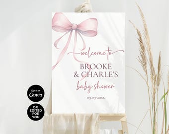 Pink Bow Baby Shower Welcome Sign Template, Personalized Baby Shower Decor, Printable or Editable Canva Template, Minimalist Baby Shower