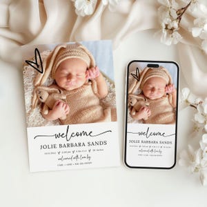 Modelo de anúncio de bebê, cartão de foto personalizável, anúncio de nascimento editável, anúncio de recém-nascido para impressão