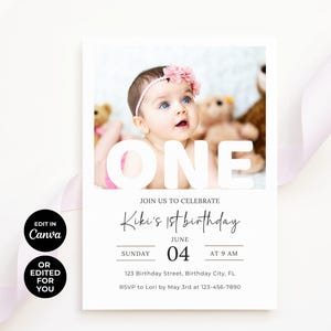 Faire-part photo modifiable pour le 1er anniversaire, invitation personnalisée pour le premier anniversaire, premier anniversaire de bébé à imprimer