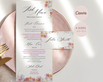 Wildflower Wedding Menu Template, 4x9 Dinner Card, Floral Editable Canva Template
