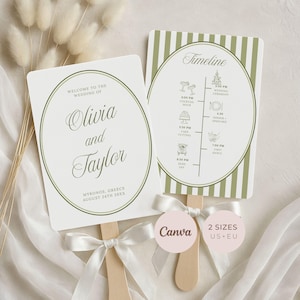 May include: Two rectangular wedding fan programs with rounded corners, featuring white backgrounds, olive green striped borders, and oval frames. One displays the text Olivia and Taylor, Mykonos, Greece, August 24th 20XX. The other shows a wedding timeline.