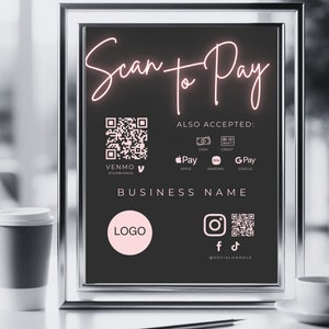 Schwarzes Scan To Pay-Zeichen, QR-Code-Zeichen, Druckbares Zahlungszeichen, Akzeptierte Zahlungen-Zeichen, CashApp Venmo-Zeichen, Paypal-Zahlungs-Zeichen, Canva