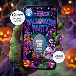 May include: A digital Halloween party invitation displayed on a smartphone screen featuring a full moon, a haunted house, a tombstone with event details, a black cat, a ghost, and pumpkins. The text reads You Are Invited To A Halloween Party.