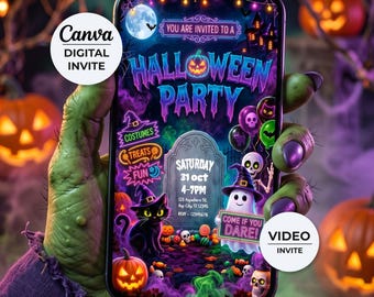 Animated Kids Halloween Invitation, Spooky Party Video Evite, Editable Canva Template