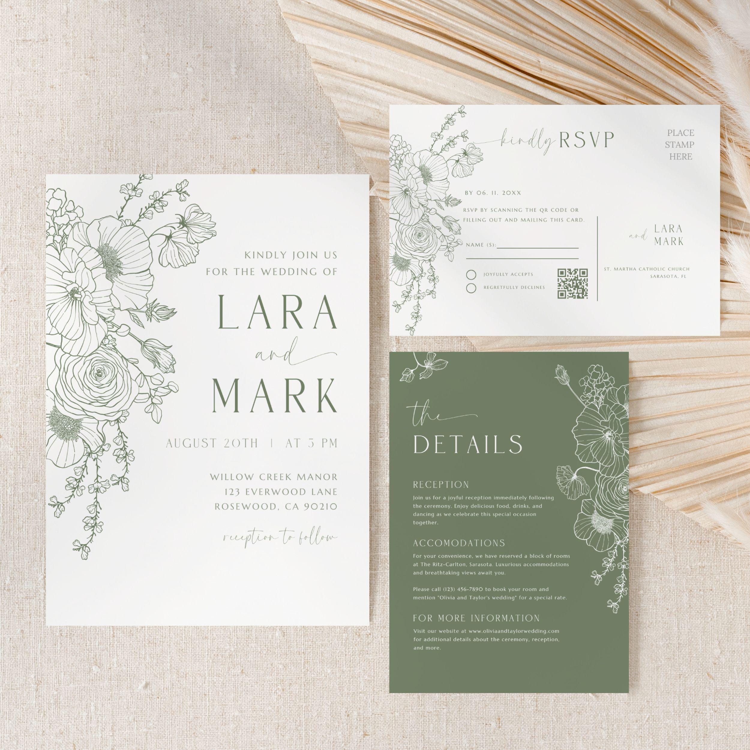 Sage Green Wedding Invitation Set: Minimalist Botanical Canva Template ...