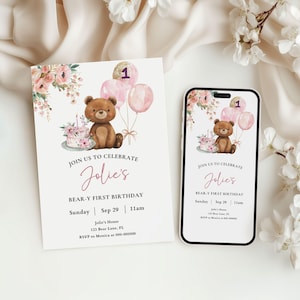 Faire-part d'anniversaire ours rose modifiable, invitation d'anniversaire personnalisée sur le thème des ours, anniversaire bébé fille à imprimer