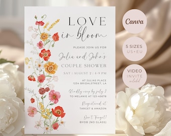 Wildflower Couples Shower Invitation, Floral Invite, Editable Canva Template, Digital Printable Download