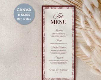 Old Money Menu Template, Maroon Menu and Place Card Set, Editable Canva Design