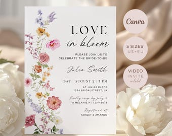 May include: A white invitation card with the text "LOVE in bloom" and floral accents in pink, orange, and purple. The invitation includes details for a bridal celebration, with the name Julia Smith and RSVP information. Additional text includes "5 SIZES US+EU" and "VIDEO INVITE included".