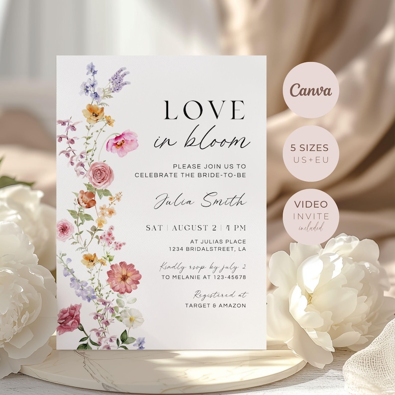 May include: A white invitation card with the text "LOVE in bloom" and floral accents in pink, orange, and purple. The invitation includes details for a bridal celebration, with the name Julia Smith and RSVP information. Additional text includes "5 SIZES US+EU" and "VIDEO INVITE included".
