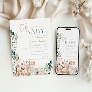 Modèle d'invitation de baby shower safari, invitation de baby shower animaux de la jungle, baby shower de genre neutre, conception toile, téléchargement immédiat