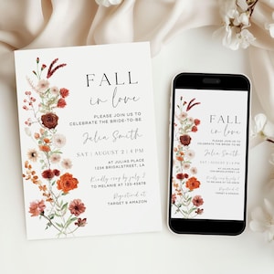Fall Bridal Shower Invitation, Fall in Love Theme, Editable Autumn Bridal Invite, Burnt Orange & Terracotta Flowers, Rustic Wedding Shower