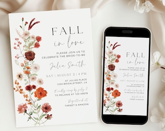 Brautparty-Einladung Herbst: Gebrannte Orangenblumen (Canva Vorlage Digitaler Download
