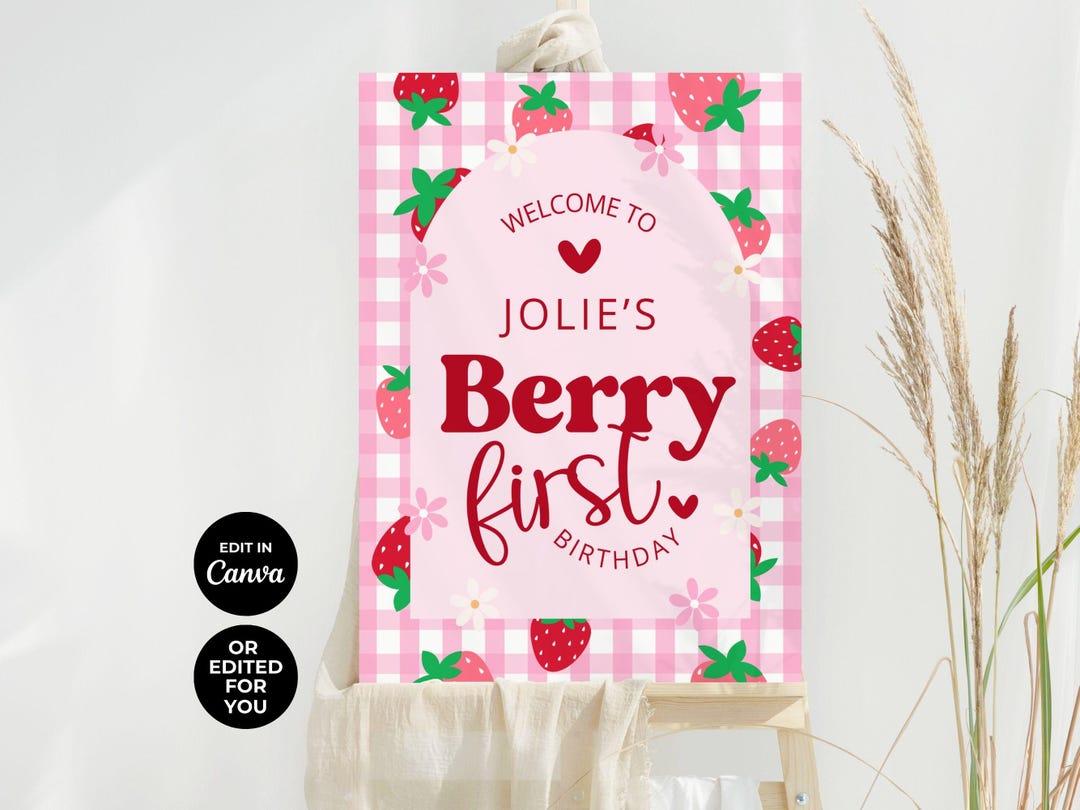 Berry First Birthday Welcome Sign: Pink Strawberry Party Poster ...